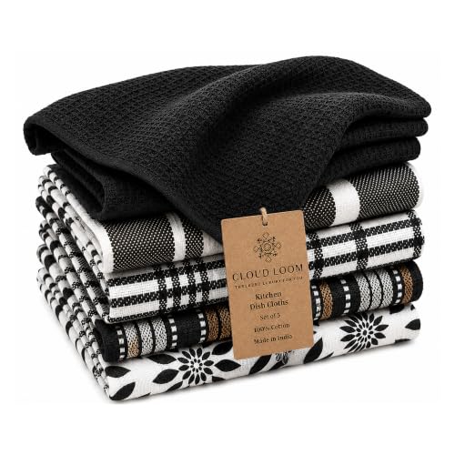 CLOUDLOOM Cotton Assorted Black Kitchen Towels with Loop, Set of 5, 16"x26" | 100% Cotton, Soft & Absorbent Dish Towels with Hanging Loop, Waffle Weave Tea Towels for Drying Dishes, Glassware & Counters - color: Black