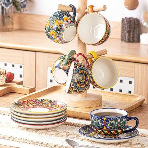 Henten Home Ceramic Tea Cup with Saucers, 8.5 oz Latte Cup Set of 6 | Boho Style Cup for Cappuccino, Coffee, Hot Cocoa, Espresso, Microwave & Dishwasher Safe, Non Toxic