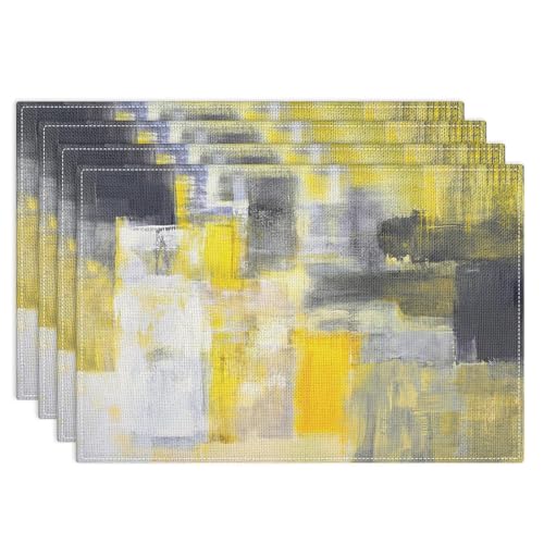 Emvency Farmhouse Placemats Set of 4, 12x18 Inch, Yellow and Dark Gray | Abstract Vintage Art Painting Table Mats for Outdoor Home Party Kitchen Dining Decoration - color: Yellow Gray Abstract, size: Set of 4
