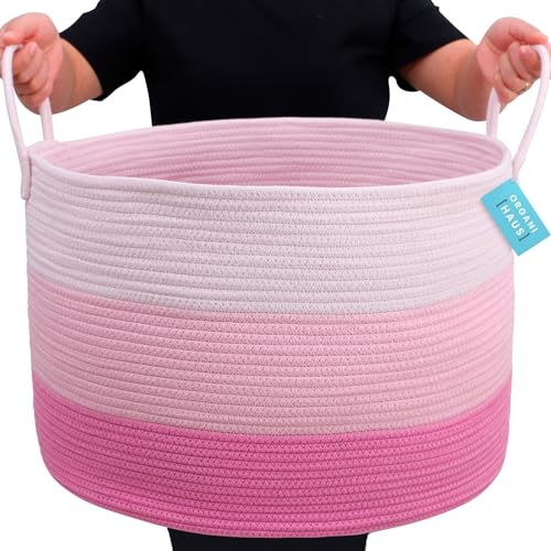 OrganiHaus Round Toy Basket & Blanket Basket, Cotton Rope 20x13" | 3-Toned Pink - Round Cotton Rope Basket, 20x13" - color: 3-toned Pink, size: Wide