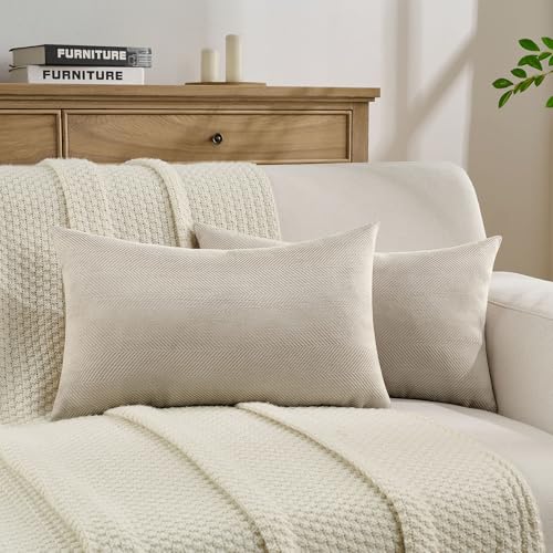 FUTEI Pack of 2 Chenille Throw Pillow Covers 12x20 Inch, Beige | Elegant Herringbone Textured Design,Side Hidden Zipper,Machine Washable,Pill-Resistant,Colorfast,Insert Not Included. - color: Beige, size: 20" x 12" (Pack of 2)