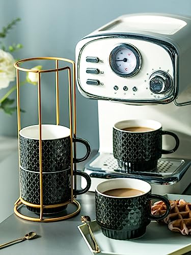 LYEOBOH Stackable Coffee Mugs Set of 4 with Rack & Spoons Coffee Mug Set 13 OZ., Ceramic Embossed Grinding Demitasse Cups Set Cappuccino Cup Halloween for Coffee, Latte, Macchiato, Espresso, Black - color: Black