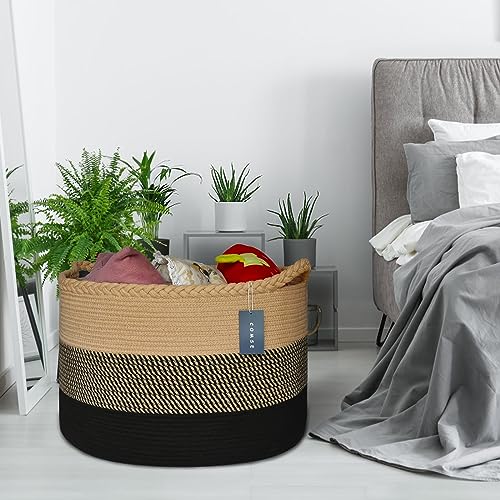 COMSE XXXLarge Woven Blanket & Laundry Basket, 87L, Brown & Black | 21.7" x 13.8", Cotton Rope, Nursery Hamper for Storage of Toys Clothes Towels, Ideal for Living Room Bedroom Bathroom - color: Brown & Black