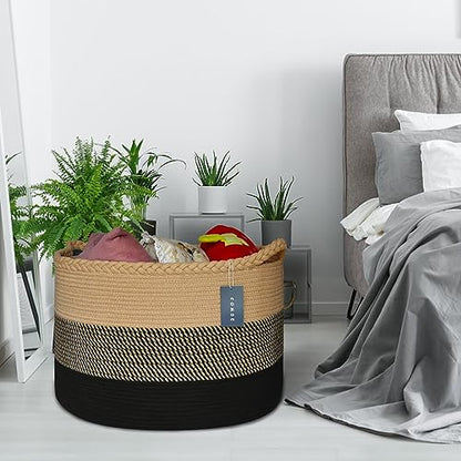 COMSE XXXLarge Woven Blanket & Laundry Basket, 87L, Brown & Black | 21.7" x 13.8", Cotton Rope, Nursery Hamper for Storage of Toys Clothes Towels, Ideal for Living Room Bedroom Bathroom - color: Brown & Black