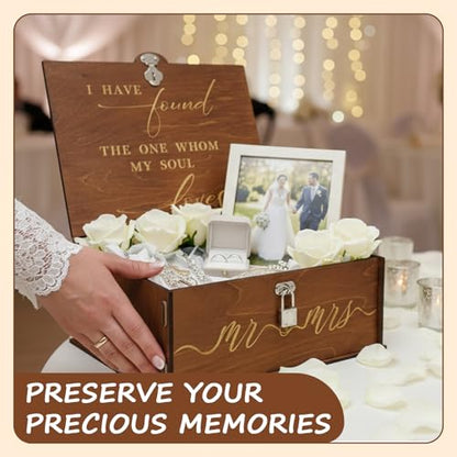 Mr and Mrs Wedding Keepsake Box Large Wooden Storage Box with Lid and Lock | Assembled Keepsake Memory Box, Anniversary Engagement Gift, Exquisitely Carved Exterior, Quick Assembly, Large Capacity
