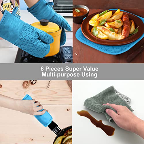 KEGOUU Oven Mitts and Pot Holders 6pcs Set, Kitchen Oven Glove High Heat Resistant 500 Degree Extra Long Oven Mitts and Potholder with Non-Slip Silicone Surface for Cooking (Sky Blue) - color: Sky Blue