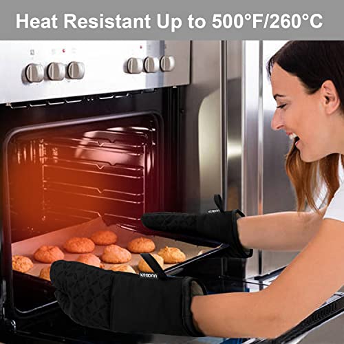 KEGOUU Oven Mitts and Pot Holders 6pcs Set, Kitchen Oven Glove High Heat Resistant 500 Degree Extra Long Oven Mitts and Potholder with Non-Slip Silicone Surface for Cooking (Black) - color: Black