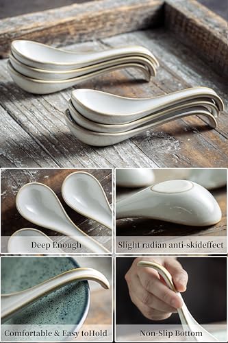 LYEOBOH Asian Soup Spoons, 6.5 inch Ceramic Soup Spoon Set of 6, Dinner Spoons with Deep Hook for Home, Kitchen, Dishwasher & Microwave Safe, Farmhouse Style, Beige - color: Beige
