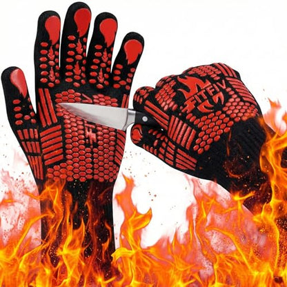 BBQ Gloves, 1472°F Heat Resistant with Silicone Grip Oven Mitts | Non-Slip Grip, for BBQ, Grilling, Oven, Smoker, Cooking and Baking - color: Red, size: Long (Glove L 13.78" × Palm W 6.33")