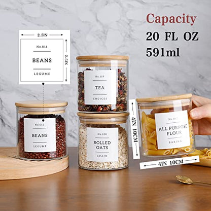20 OZ Glass Food Storage Jars with 132 Pantry Labels Preprinted - 6 Pcs Thicken Glass Storage Containers with Airtight Bamboo Lid - Clear Kitchen Canister for Spice, Tea, Coffee, Sugar, Cookie, Candy - color: 20oz(6pcs)
