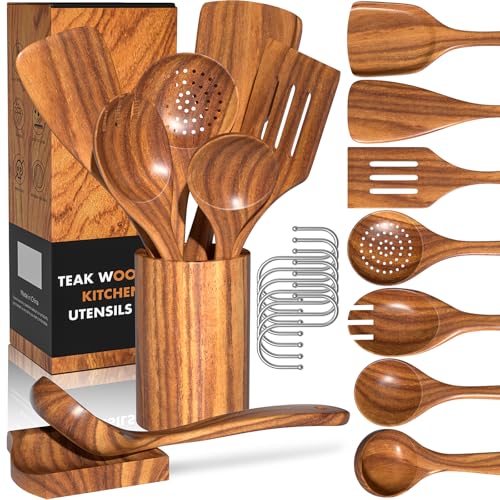 Natural Teak Kitchen Cooking Utensil Set with Holder, Wooden Spoons for Cooking, 10PCS Cooking Spatulas Set with Spoon Rest, Wooden Utensil Set for Nonstick Cookware Sturdy & Lightweight