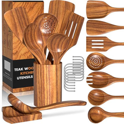 Natural Teak Kitchen Cooking Utensil Set with Holder, Wooden Spoons for Cooking, 10PCS Cooking Spatulas Set with Spoon Rest, Wooden Utensil Set for Nonstick Cookware Sturdy & Lightweight