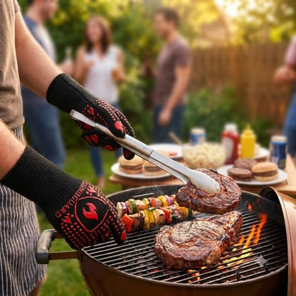 IGNISGUARD® BBQ Gloves, Heat Resistant Grill Gloves, 1 Pair, Red (L) | EN407:2020 tested with textured silicone grip, three-layer construction and long knit cuff for added wrist coverage. - color: Red, size: Large
