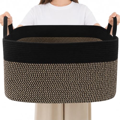 96L Laundry Basket with Handles, Extra Blanket Basket, Black/Jute | 24"×16"×15" Collapsible Cotton Rope Storage Basket for Toys Clothes & Pillows, Nursery, Bathroom, Bedroom, Living Room - color: Black & Jute, size: 96L