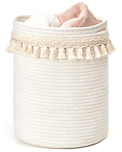 Mkono Macrame Cotton Rope Basket, Small Boho Nursery Decor, 15"x19", Ivory | Multi-Use Woven Storage Bins, Baby Toys, Closet Organizer, Potted Plants Cover, Decorative Tassel, Living Room Bedroom Office - size: 15.7"x19.6"
