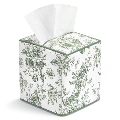 Green Fabric Tissue Box Cover Floral Print Cotton Tissue Box Decorative Square Napkin Holder Vintage Cottagecore Home Decor for Bathroom Bedroom Vanity Countertop Home Office Kitchen - color: Green, style: Classic
