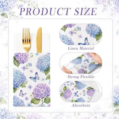 Hydrangea Linen Feel Pocket Napkins for Wedding Bridal Shower Supplies | Hydrangea Garden Design,Premium Linen Feel Paper,Built-In Flatware Pocket,Wedding, Baby Shower, Garden Party - color: Hydrangea