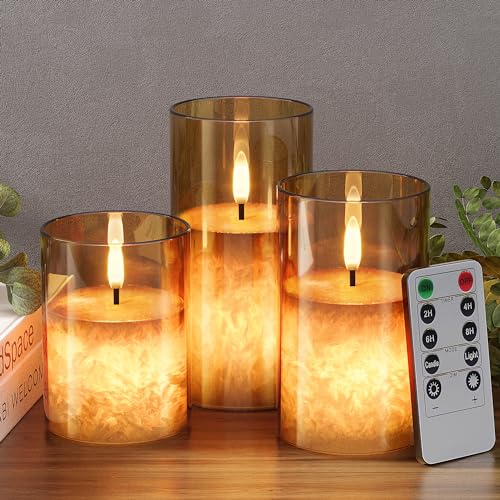 Battery Operated Flameless Candles with Remote & Timer, Gold Glass 3Pack | Real Wax Crystal Texture, D3×H4/5/6", 2/4/6/8H Timer, Dimming, Flickering Realistic LED Candles for Wedding Table Decor - color: Gold