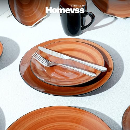 HomeVss, Sonoma Stoneware 16pc Dinnerware Set, Outside Black + Inside Hand Painting Color Spice - color: Spice