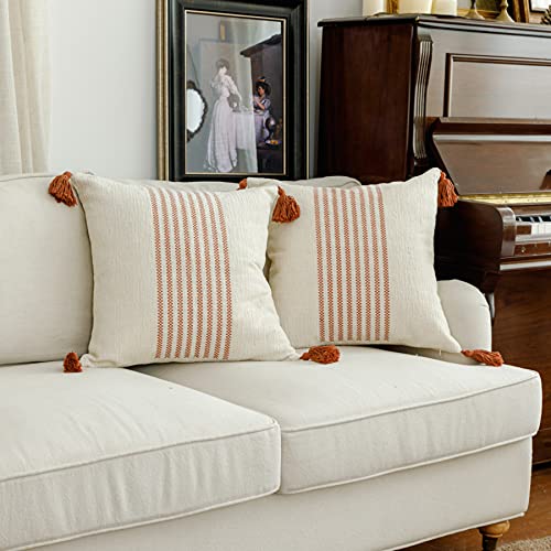 IKATYARN 16 x 16 Inches Pack of 2 Boho Rust Red and Off White Embroidery Striped Throw Pillow Cover, Soft Chenille Pillowcase with Tassels, Modern Farmhouse Decor Cushion Cover for Couch Sofa Bed - color: Rust Stripes Pack of 2, size: 16" x 16" (Pack of 2
