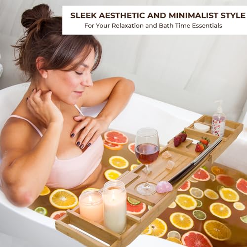 Premium Bamboo Bathtub Tray Caddy for Tub - Expandable Foldable Bath Tray - Unique House Warming Gifts, New Home, Anniversary & Wedding Gifts for Couple, Bath Table Bridal Shower Gift