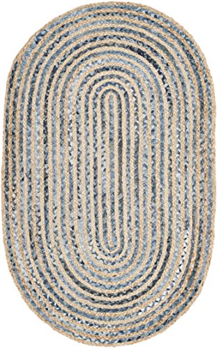 SAFAVIEH Cape Cod Collection Area Rug - 4' x 6' Oval, Natural & Blue, Handmade Flat Weave Jute, Ideal for High Traffic Areas in Living Room, Bedroom (CAP250A) - size: 4' x 6' (Oval)