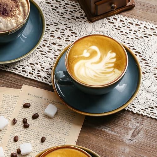 SHUER Ceramic Cappuccino Cup Set of 4, 7.8 OZ Cups and Saucers Set,Coffee Mocha Cup Sets,Black Coffee Cups and Glaze Americano Mugs Great for Party and Low Tea Time (Blue 220ml) - size: Small(220ml)