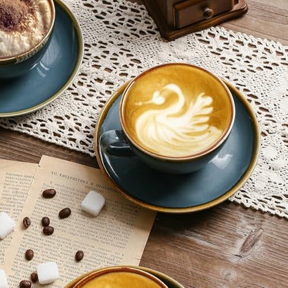 SHUER Ceramic Cappuccino Cup Set of 4, 7.8 OZ Cups and Saucers Set,Coffee Mocha Cup Sets,Black Coffee Cups and Glaze Americano Mugs Great for Party and Low Tea Time (Blue 220ml) - size: Small(220ml)