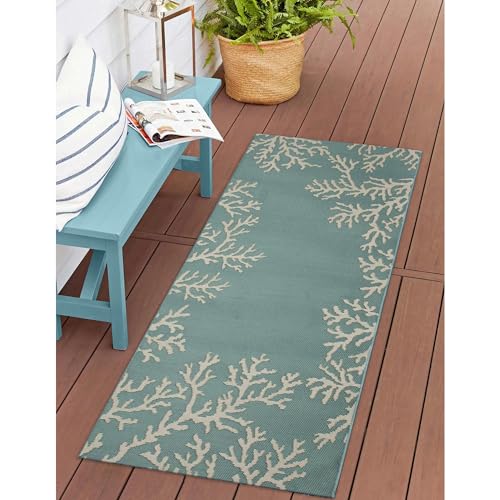 Liora Manne Esencia Machine Washable Non-Slip Low Profile Indoor/Outdoor Mat-Transitional, Coastal, Beach, Border, Coral Edge Aqua 1'11" x 4'11" - color: Coral Edge Aqua, size: 1'11" x 4'11" (Rectangular)