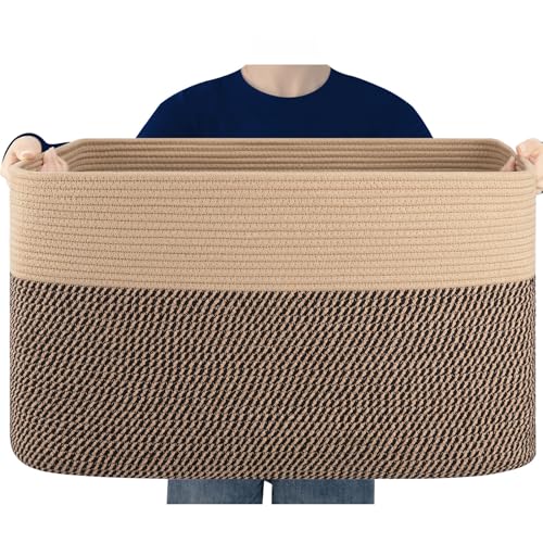 96L XL Large Cotton Rope Basket, Soft Toy Storage Bin for Nursery & Living Room, Decorative Blanket Basket for Bedroom, Baby-Safe Organizer for Pillows &Laundry, 24''×16''×15'', Brown & Black - color: Brown & Black, size: 96L