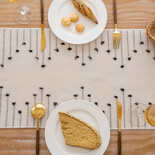 Joyfol Day Boho Table Runner, Farmhouse Stripe Cotton Table Runners with Tassels for Home Dining Table Decor, Rustic Natural Woven Dresser Scarf (Beige&Black,13 x 36 Inch) - size: 13 X 36 INCH