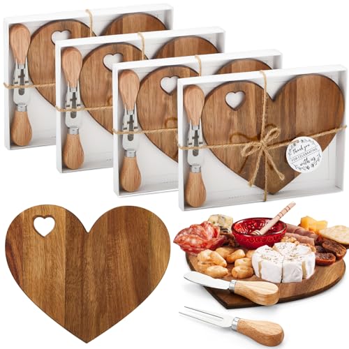 Patelai 4 Set Bridal Baby Shower Favor Heart Cheese Board with Knife, Wood Mini Charcuterie Board Thank You Gift Box for Guest Bridal Baby Shower Prize Wedding Valentines Birthday (Acacia Color) - color: Acacia Color