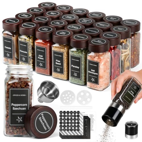 Glass Spice Jars with Grinder Lid 24 Pack 4 oz Acacia Wood | 780 Labels (Round+Square), Shaker Inserts, Funnel, Airtight Seal, Bonus Grinder Lid for Fresh Grinding - color: Brown