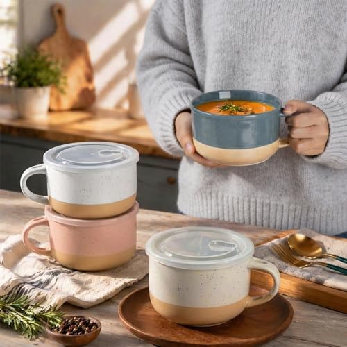 GBhome Ceramic Soup Mugs with Handles and Lids,24 OZ Soup Cups Set of 4 | Terracotta Underside,Mug Bowls with Spoon for Soup/Cereal/Salad/Noodles/Ramen/Microware &Dishwasher Safe - color: Multicolor-3