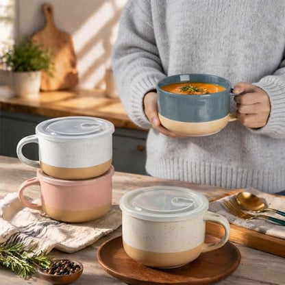 GBhome Ceramic Soup Mugs with Handles and Lids,24 OZ Soup Cups Set of 4 | Terracotta Underside,Mug Bowls with Spoon for Soup/Cereal/Salad/Noodles/Ramen/Microware &Dishwasher Safe - color: Multicolor-3