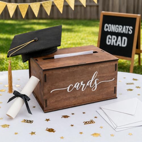Wooden Wedding Card Box with Slot and Lid | Graduation Card Box for Party 2026 | Grad Gift Money Envelope Holder for Reception, Bridal Shower, Birthday, Retirement | Rustic Keepsake Decorations - size: Card Box (Natural)