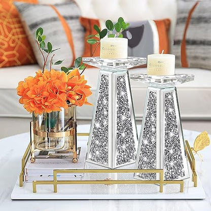 Wocred 2 Piece Candlestick Holders for Holding Pillar Candles, Crystal Crushed Diamond Candle Holders Set Decor for Dinning Room, Silver Glass Votive Candle Holders for Table Centerpiece(8”) - size: 8 Inch Diamond Silver