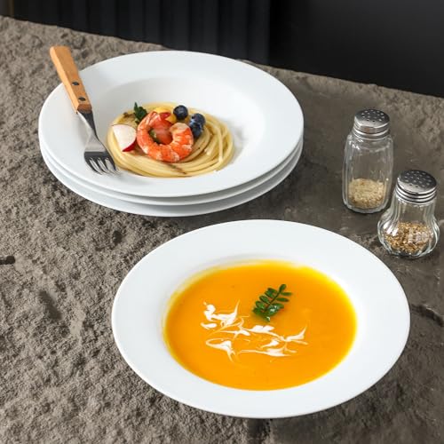 Ceramic Soup Bowls Shallow Plates, Halloween 4 Pack White Dinner Bowls Plates, Porcelain Wide Rim, 8.5" (8.5 oz) Shallow Bowls Ideal for Soup Dessert Salad and Pasta, Microwave and Dishwasher Safe - color: Round8.5"