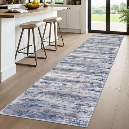 KOZYFLY Modern Abstract Washable Rug Runner 2.6x10 Hallway Rug Runner Non-Slip Soft Kitchen Runner Rugs, Grey-Blue Striped Carpet for Entryway Bathroom Laundry Room Foyer - color: Blue-grey, size: 2'8" x 10' (Runner)