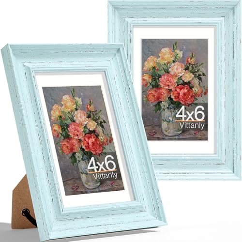 Vittanly 4x6 Picture Frames Set of 2, Vintage Photo Frames, Distressed Mint | Display 3.5x5 Pictures with Mat or 4x6 without Mat, Rustic Frames with Plexiglass, Farmhouse Home Decor for Wall or Tabletop - color: Distressed Mint, size: 4x6