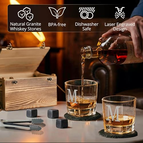 Custom Monogram Since Year Whiskey Glass Set, 2 Glasses, Wood Crate | Name Design, 6 Granite Stones, Tongs Included, 2 Slate Coasters, Rustic Wood Design, Scotch Bourbon Lover Gift