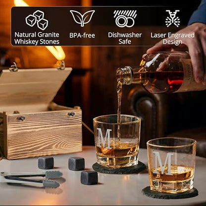 Custom Monogram Since Year Whiskey Glass Set, 2 Glasses, Wood Crate | Name Design, 6 Granite Stones, Tongs Included, 2 Slate Coasters, Rustic Wood Design, Scotch Bourbon Lover Gift