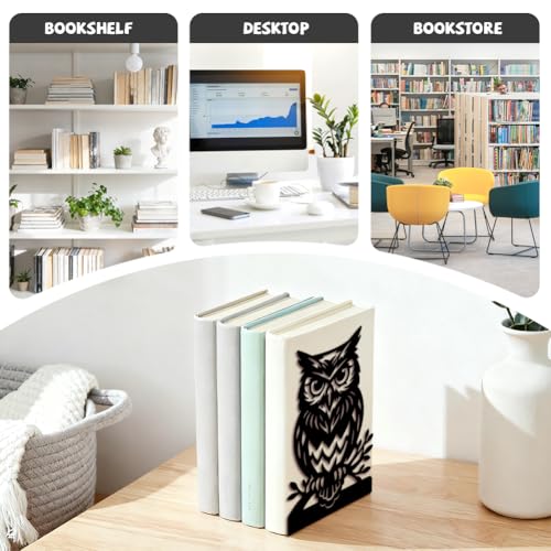 5.3"x4.3"x7.9" Metal Bookends, Heavy Duty Book Ends for Shelves | Owl on Tree Branch Theme Cast Iron Book Supports, 1 Pair Decor Stoppers for Desk, Library, Office & Home Shelves - style: Owl on Tree Branch