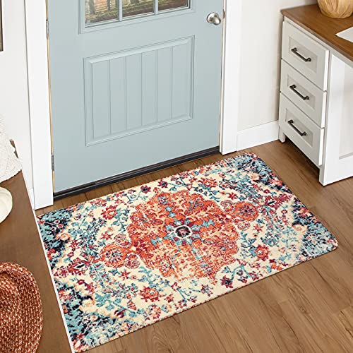 Lahome Reine Bohemian Floral Medallion Area Rug - 2x3 Oriental Distressed Small Bath Rug Country Vintage Doormat Faux Wool Non-Slip Washable Low-Pile Carpet for Bathroom Kitchen Laundry Room Decor - color: Orange/Multi, size: 2' x 3' (Rectangular)