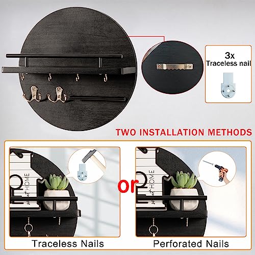 dreampossible Key Holder for Wall Decorative with Shelf and Hooks, Mail Organizer Wall Mount, Circular Design Entryway Key Rack Hanger, Rustic Home Decor (Black)