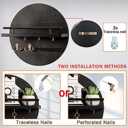 dreampossible Key Holder for Wall Decorative with Shelf and Hooks, Mail Organizer Wall Mount, Circular Design Entryway Key Rack Hanger, Rustic Home Decor (Black)