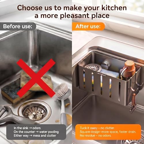 Kitchen Sink Sponge Holder, Gray (1 Pack) | Rustproof carbon steel with fast drainage holes. 2 hooks & 4 adhesive pads. No-drill square caddy for flat wall or ledge - size: Square Kitchen Sink Sponge Holder