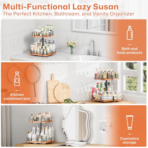 12 Inch Square Lazy Susan Organizer, 2 Tier Adjustable Wood Rack | Removable Divider Rack, 360° Rotating, Adjustable Height, For Pantry, Cabinet, Bathroom & Dining Table