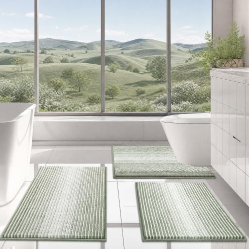 Bathroom Rugs Sets 3 Piece, Toilet Rugs U-Shaped Contour Bath Mat Set, Striped Absorbent Non Slip Chenille Shower Mat, Greyish Green - color: Greyish Green, size: 20"x32"+16"x24"+U Shape 20"x24"