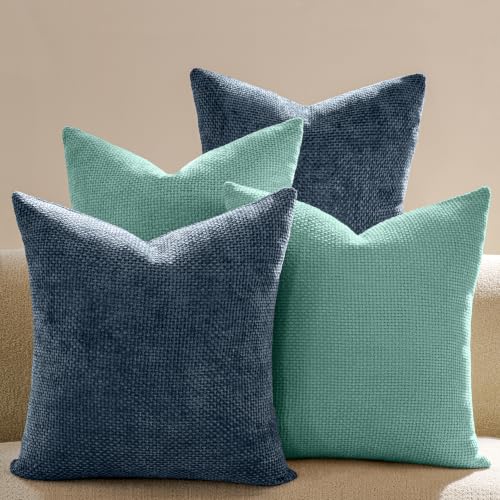 Textured Chenille Pillow Covers 20x20, Pack of 4, Light Brown | Thick Textured Chenille with Hidden Zipper - color: Blue, size: 20" x 20" (Pack of 4)